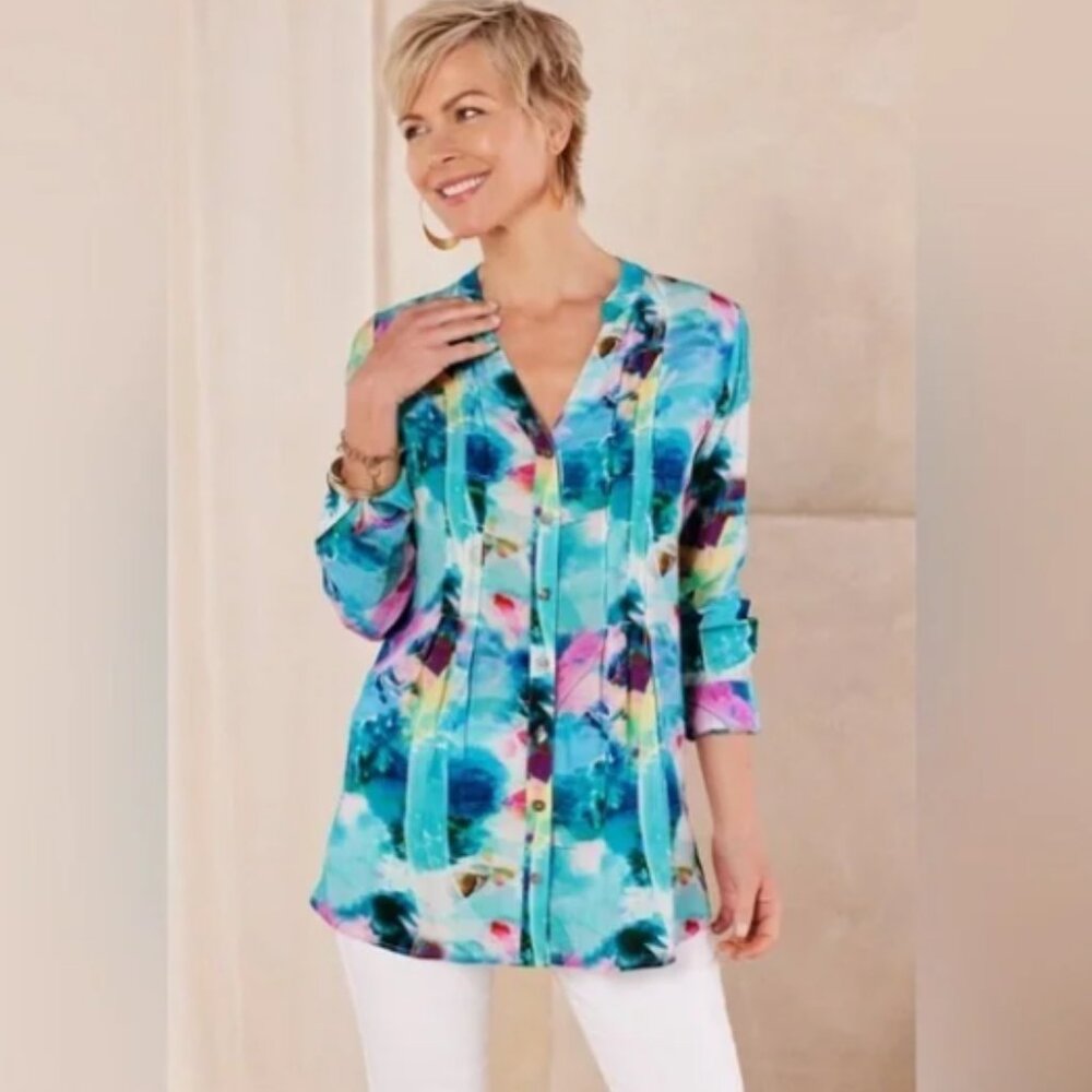 Soft Surroundings Ursa Pleated Button Down Aqua Tunic M